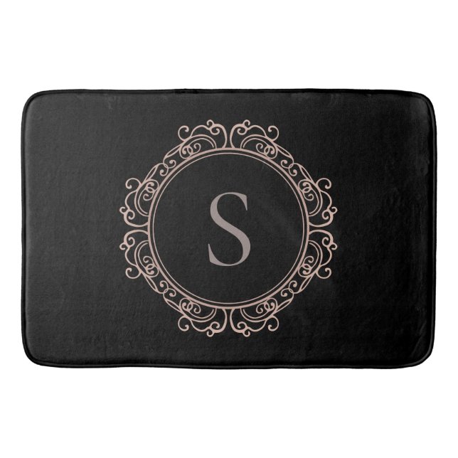 Elegant Monogram Rodnad Svart Badrumsmatta (Framsidan)