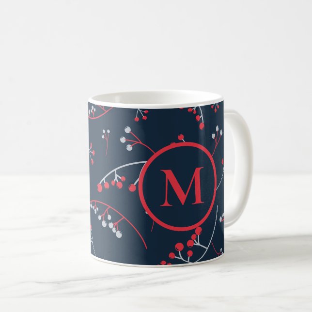 Elegant monogram rödpastel grått berry mönster kaffemugg (Framsida höger)