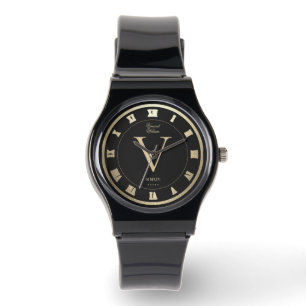 Elegant Monogram Roman Black Faux Guld Armbandsur