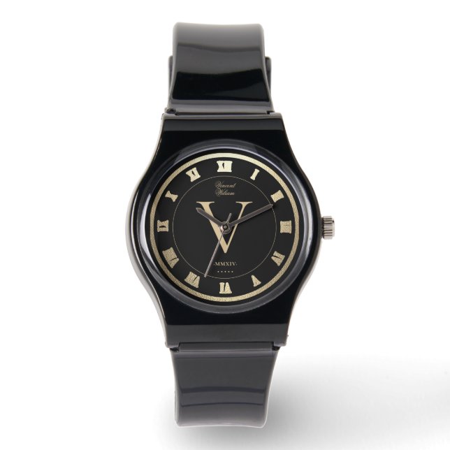 Elegant Monogram Roman Black Faux Guld Armbandsur (Framsida)