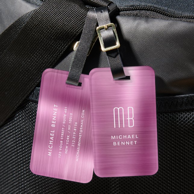 Elegant monogram rosa borstat metall bagagebricka (Elegant Monogram Pink Brushed Metal Luggage Tag)