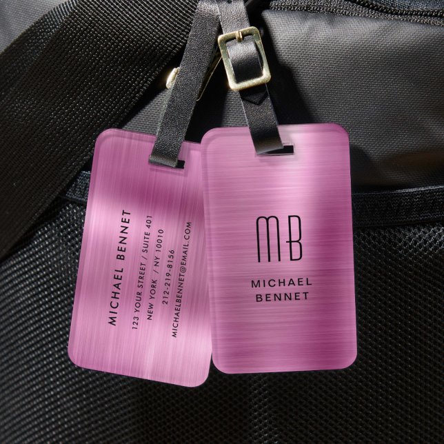 Elegant Monogram Rosa Fals Metallisk Resväskemärke Bagagebricka (Elegant Monogram Pink Faux Metallic Luggage Tag)