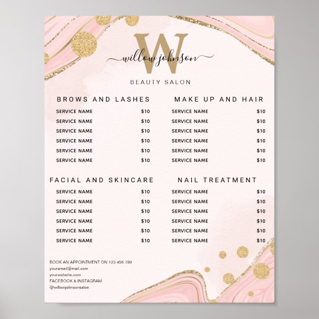 Elegant Monogram Rosa Guld Marble Agate Pris List Poster (Framsidan)