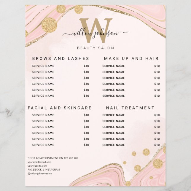 Elegant Monogram Rosa Guld Marble Agate Pris List Reklamblad (Framsidan)