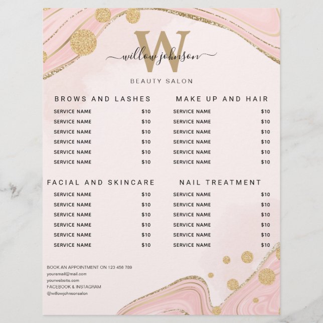 Elegant Monogram Rosa Guld Marble Agate Pris List Reklamblad (Framsidan)