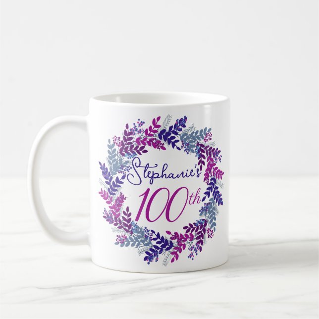 Elegant monogram rosa och lila 100-årsdag kaffemugg (Vänster)