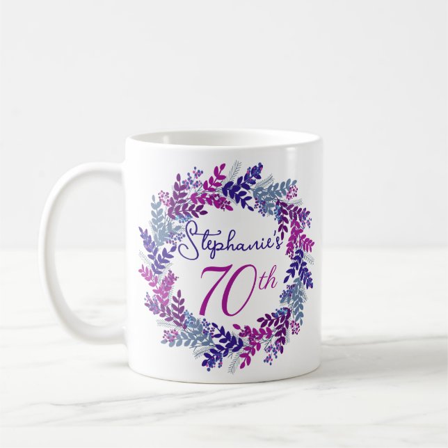 Elegant Monogram Rosa och Lila 70:e födelsedag Kaffemugg (Vänster)