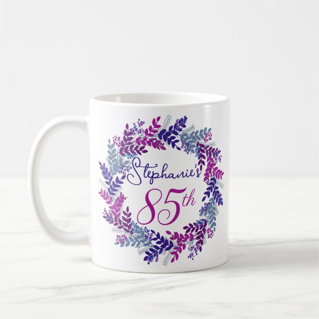 Elegant Monogram Rosa och Lila 85:e födelsedagen Kaffemugg (Vänster)
