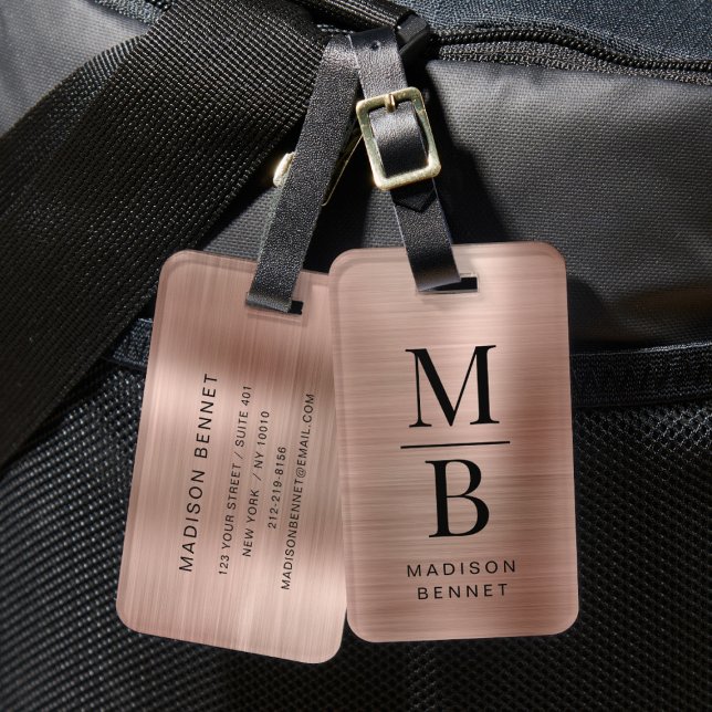 Elegant Monogram Roséguld Borstat Metallisk Bagagebricka (Elegant Monogram Rose Gold Brushed Metallic Luggage Tag)