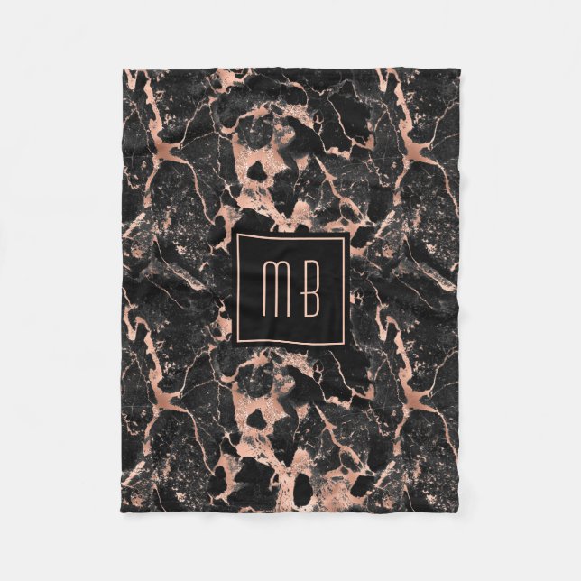 Elegant Monogram Roséguld Svart Marmor  Fleecefilt (Framsidan)