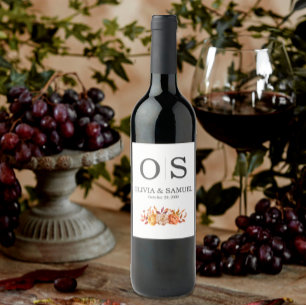 Elegant Monogram Rustic Blommigt Fall Wedding Vinflaska Etikett