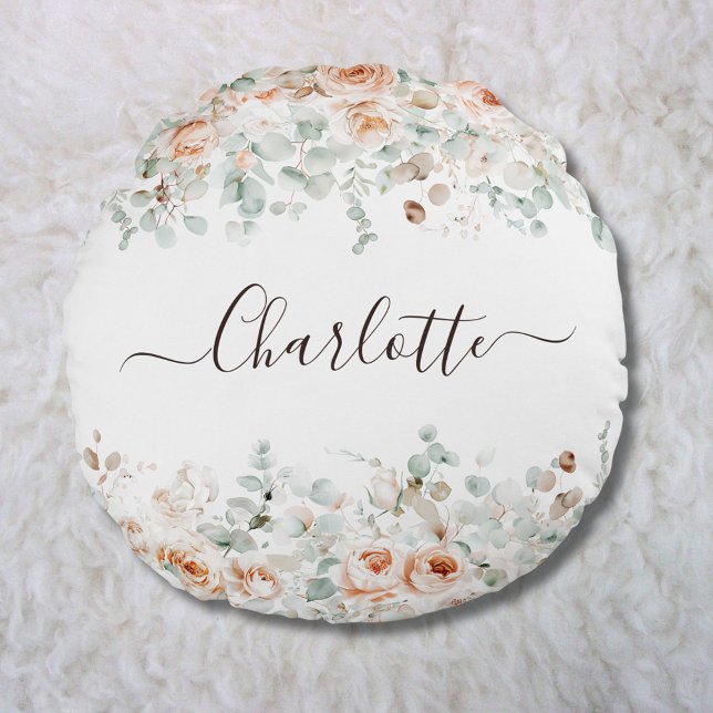 Elegant Monogram Rustic Ro Blommigt Greenery Rund Kudde (In situ)