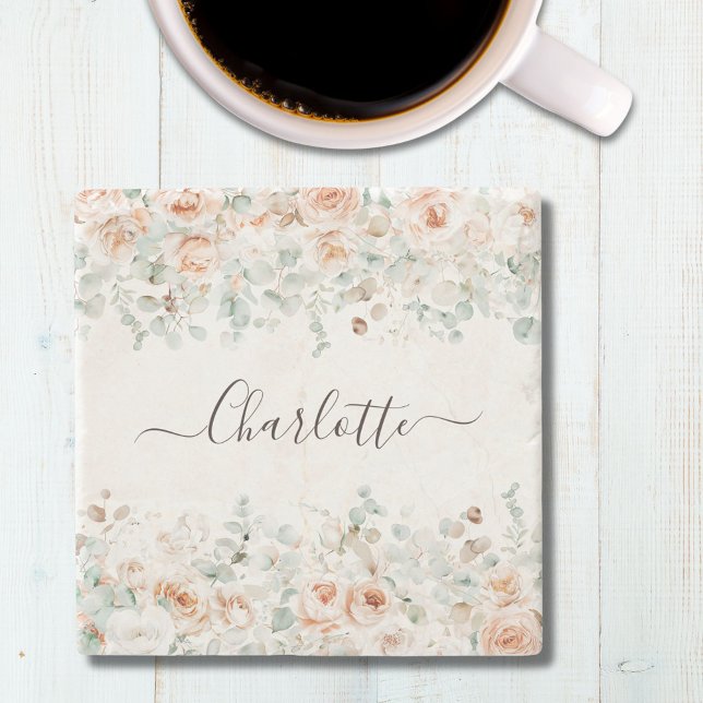 Elegant Monogram Rustic Ro Blommigt Greenery Stenunderlägg (In situ)