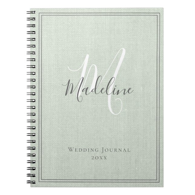 Elegant Monogram Rustic Sage Grönt Linen Journal Anteckningsbok (Framsidan)