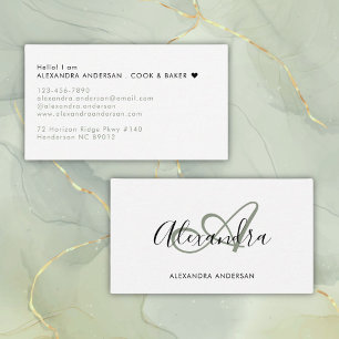 Elegant Monogram Sage Grönt Black Script Namn Visitkort