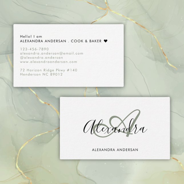 Elegant Monogram Sage Grönt Black Script Namn Visitkort (Elegant Monogram Sage Green Black Script Name Business Card)