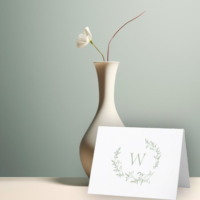 Elegant Monogram Sage Grönt Blommigt Löv Vapensköl Tack Kort (Skapare uppladdad)