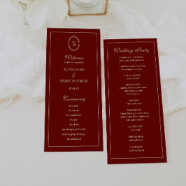 Elegant Monogram Script Wine Red Wedding Ceremony Program