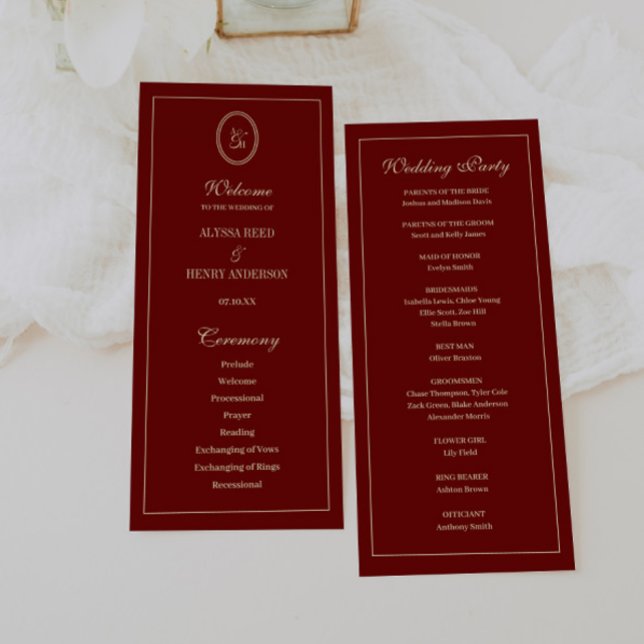 Elegant Monogram Script Wine Red Wedding Ceremony Program (Skapare uppladdad)