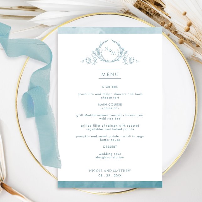 Elegant Monogram Sea Glass Watercolor Bröllop Menu (Skapare uppladdad)
