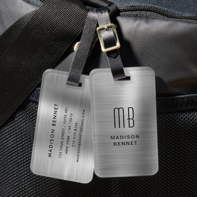 Elegant monogram silver borstad metallisk bagagebricka (Elegant Monogrammed Silver Brushed Metallic Luggage Tag)