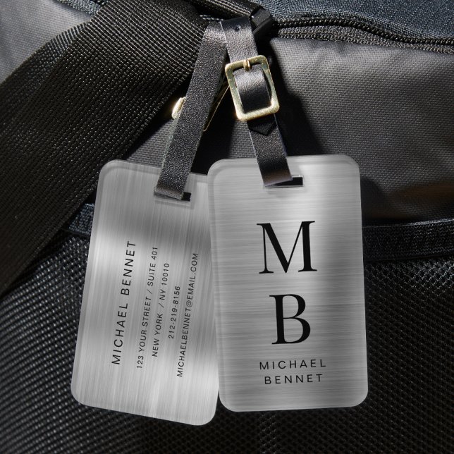 Elegant Monogram Silver Borstad Metallisk Bagagebricka (Elegant Monogrammed Silver Brushed Metallic Luggage Tag)