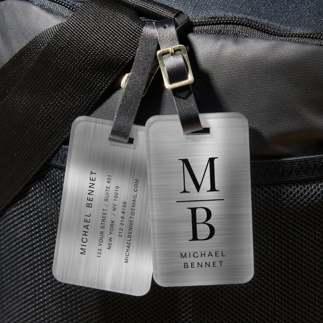 Elegant Monogram Silver Borstad Metallisk Bagagebricka (Elegant Monogrammed Silver Brushed Metallic Luggage Tag)