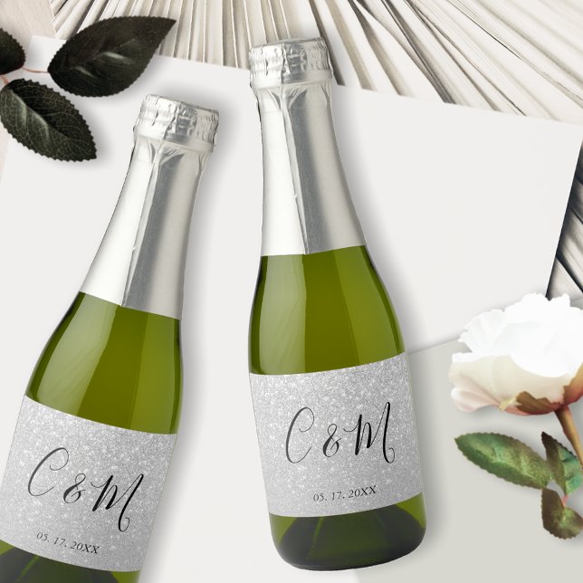 Elegant Monogram Silver Glitter Bröllop Vin (Skapare uppladdad)