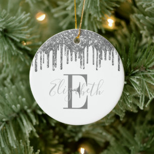 Elegant Monogram Silver Glitter Drift Julgransprydnad Keramik