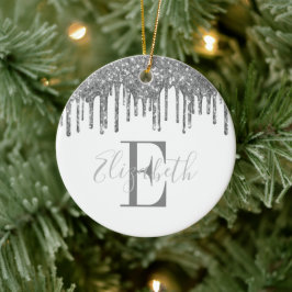 Elegant Monogram Silver Glitter Dropp Julgransprydnad Keramik