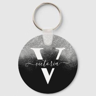 Elegant Monogram Silver Glitter Girly Black Anpass Nyckelring