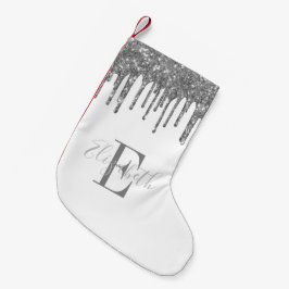 Elegant monogram silver glitterdroppar vit liten julstrumpa