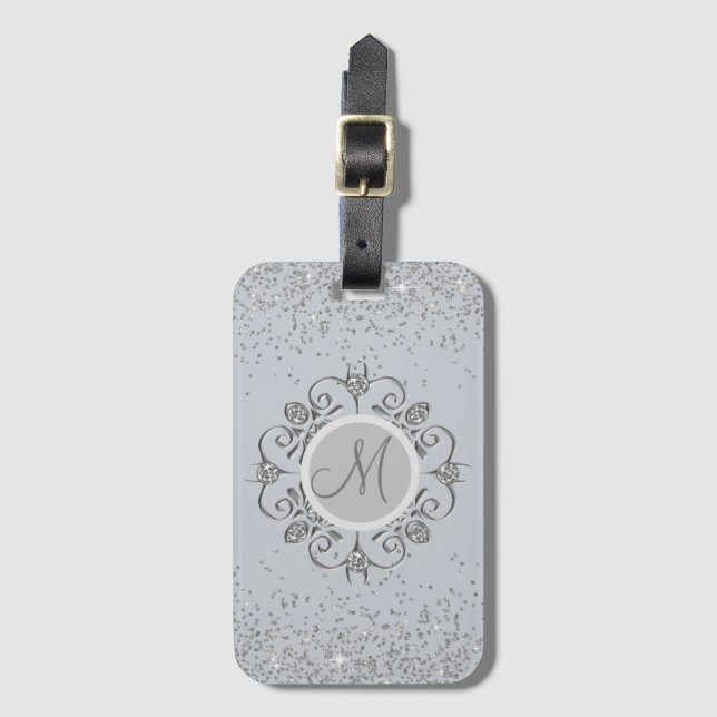 Elegant Monogram Silver Glittery Gem  Bagagebricka (Framsida vertikal)
