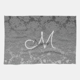 Elegant Monogram Silver Grått Blommigt Modern Clas Kökshandduk