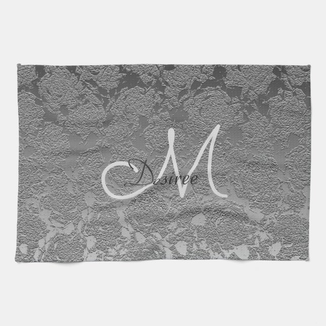 Elegant Monogram Silver Grått Blommigt Modern Clas Kökshandduk (Horisontell)