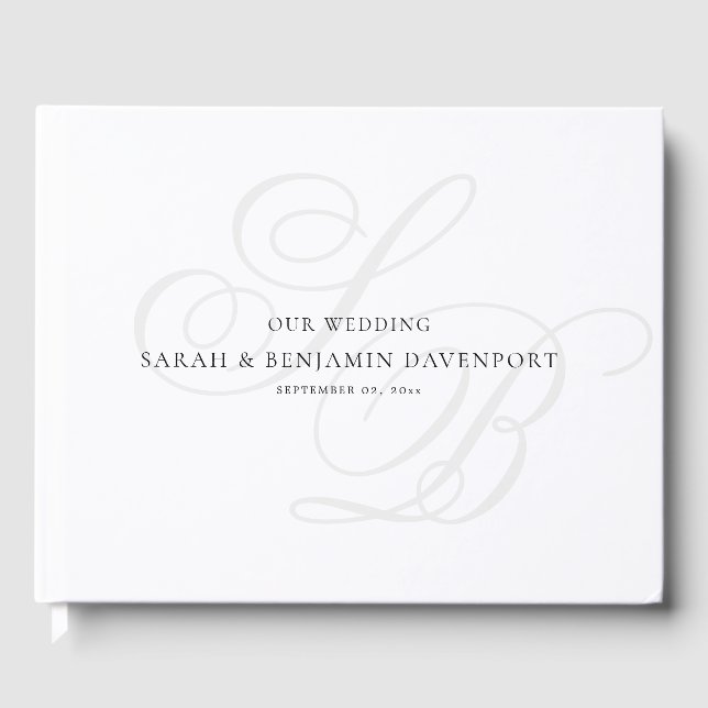 Elegant Monogram Silver Svart Vitt Bröllop Gästböcker (Framsida)