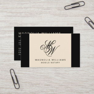 Elegant Monogram Simple Black Beige Mobile Notary Visitkort