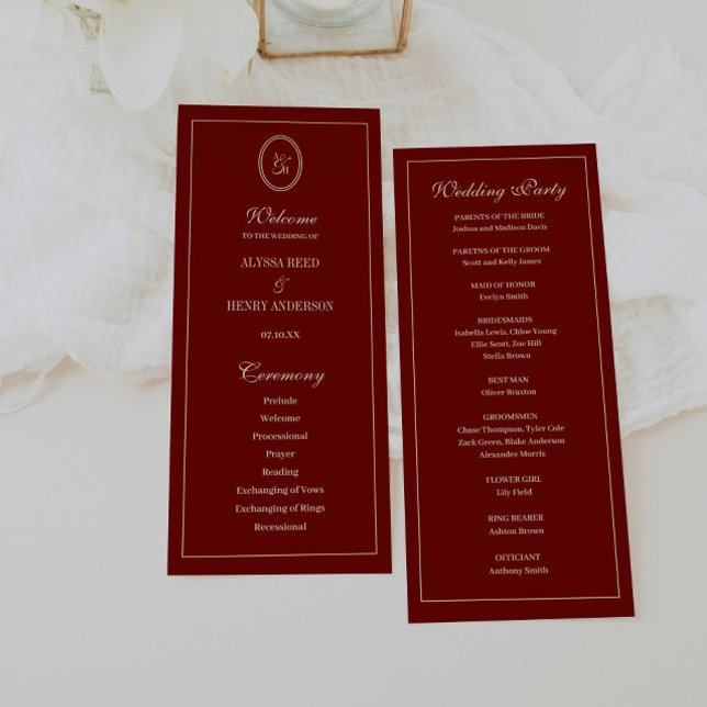 Elegant Monogram-skrift vinröd bröllopsceremoni Program (Skapare uppladdad)