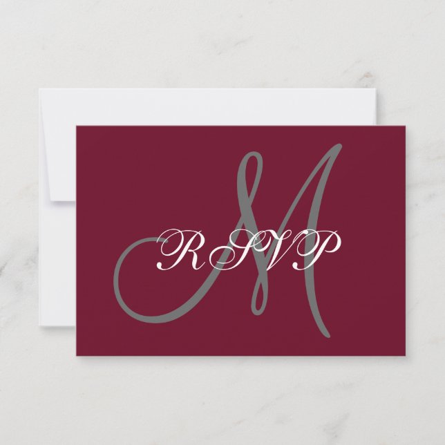 Elegant Monogram-skript Burgundy Grått Bröllop OSA Kort (Framsida)