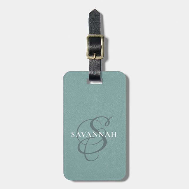 Elegant Monogram skript Dusty Grönt Cute Leather Bagagebricka (Vertikal Framsida)