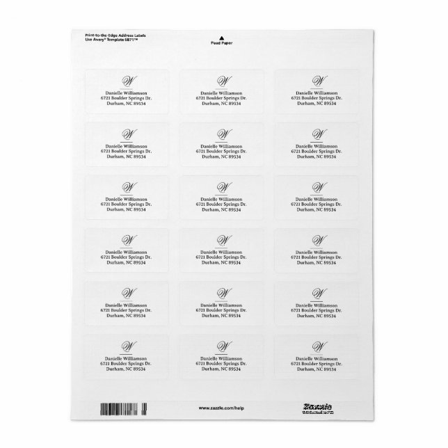 Elegant monogram skript initial returadress adressetikett (Helt Ark)
