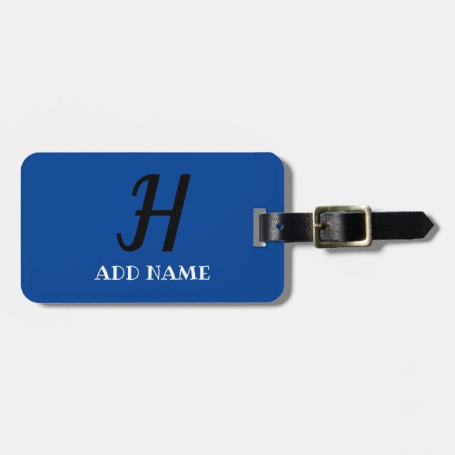 Elegant Monogram Skript Modern Blue Add Namn Bagagebricka (Horisontell Framsida)
