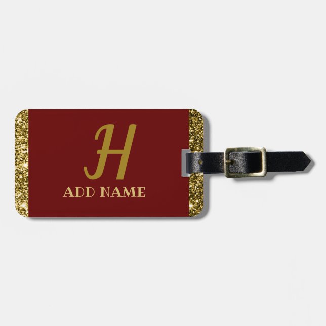 Elegant Monogram-skript Modern Burgundy Red Guld Bagagebricka (Horisontell Framsida)