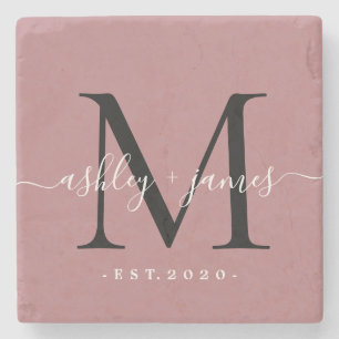 Elegant Monogram Skript Namn Bröllopsdatum Dammigt Stenunderlägg