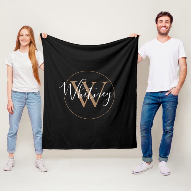 Elegant Monogram Skript Namn Guld Svart  Fleecefilt (På plats)