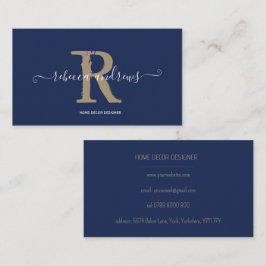 Elegant Monogram skript Namn Initial Navy Guld Visitkort