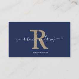 Elegant Monogram skript Namn Initial Navy Guld Visitkort