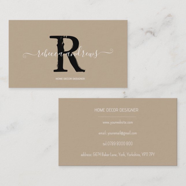 Elegant Monogram skript Namn Initial Taupe Visitkort (Fram/baksida)