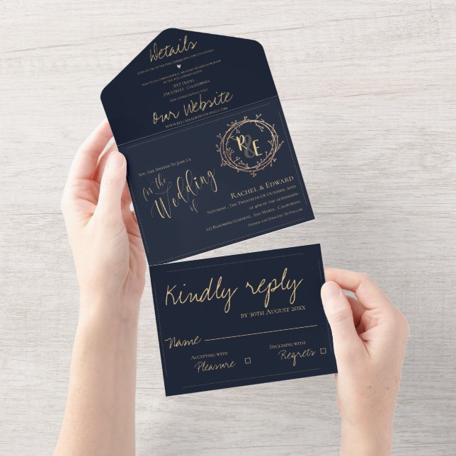 Elegant Monogram skript Navy Guld Wansen Bröllop (Tearaway)