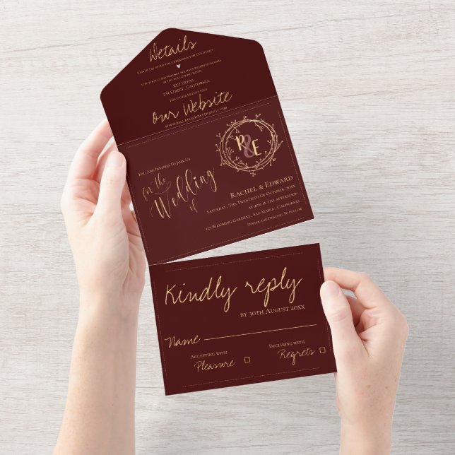 Elegant Monogram skript Red Guld Wans Bröllop (Tearaway)